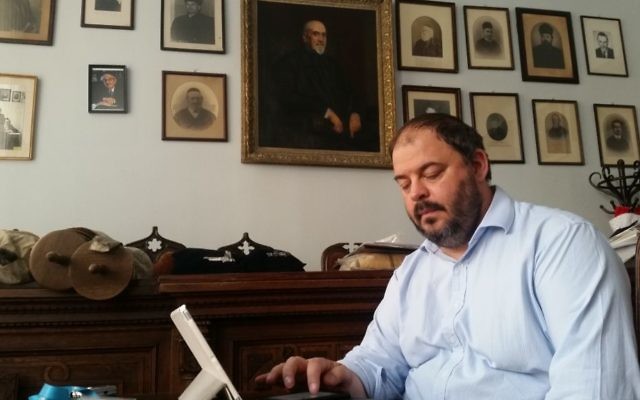 Rabbi Zoltán Radnóti in his Budapest office, July 17, 2017 (Raphael Ahren/Times of Israel)