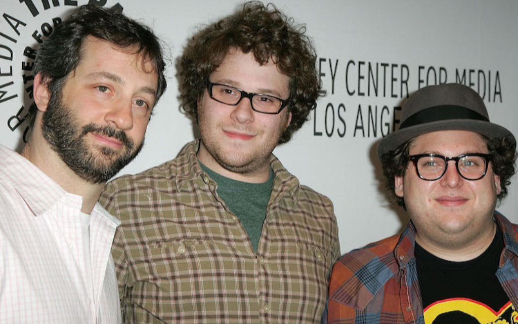 From left: Judd Apatow, Seth Rogen and Jonah Hill at the 25th Annual William S. Paley TV Festival at the Arclight in Hollywood, March 17, 2008. (Jason LaVeris/FilmMagic/via JTA)