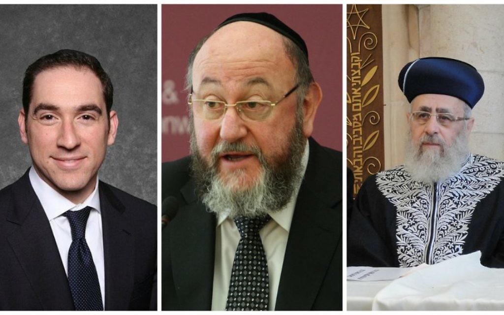 From left to right: Rabbi Joseph Dweck (courtesy), British Chief Rabbi Ephraim Mirvis (Foreign and Commonwealth Office), and Chief Sephardi Rabbi od Israel Yitzhak Yosef (CC-SA-GFDL).