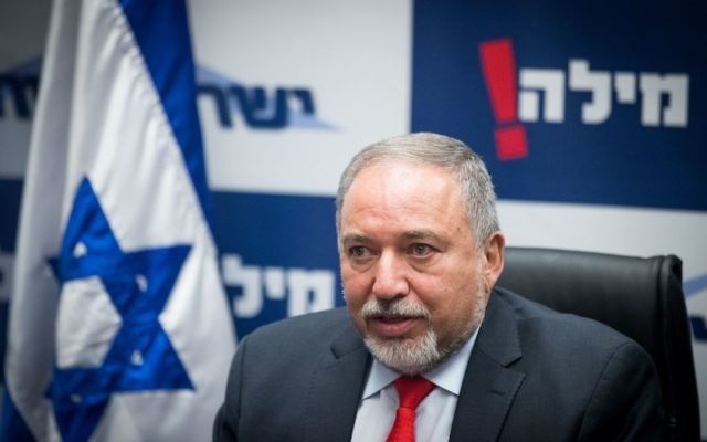 Defense Minister Avigdor Liberman leads a faction meeting of his Yisrael Beytenu party at the Knesset, July 3, 2017. (Yonatan Sindel/Flash90)
