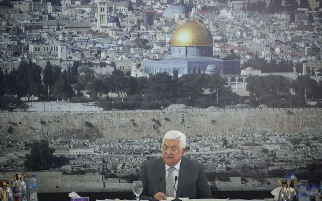 Palestinian Authority President Mahmoud Abbas gives a speech during a meeting of Palestinian leadership in the West Bank city of Ramallah on July 21, 2017, in front of a picture of Jerusalem. (Flash90)