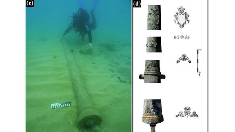 The bronze cannons as found at sea and decorative elements of cannon C after cleaning (Photos: E. Galili)