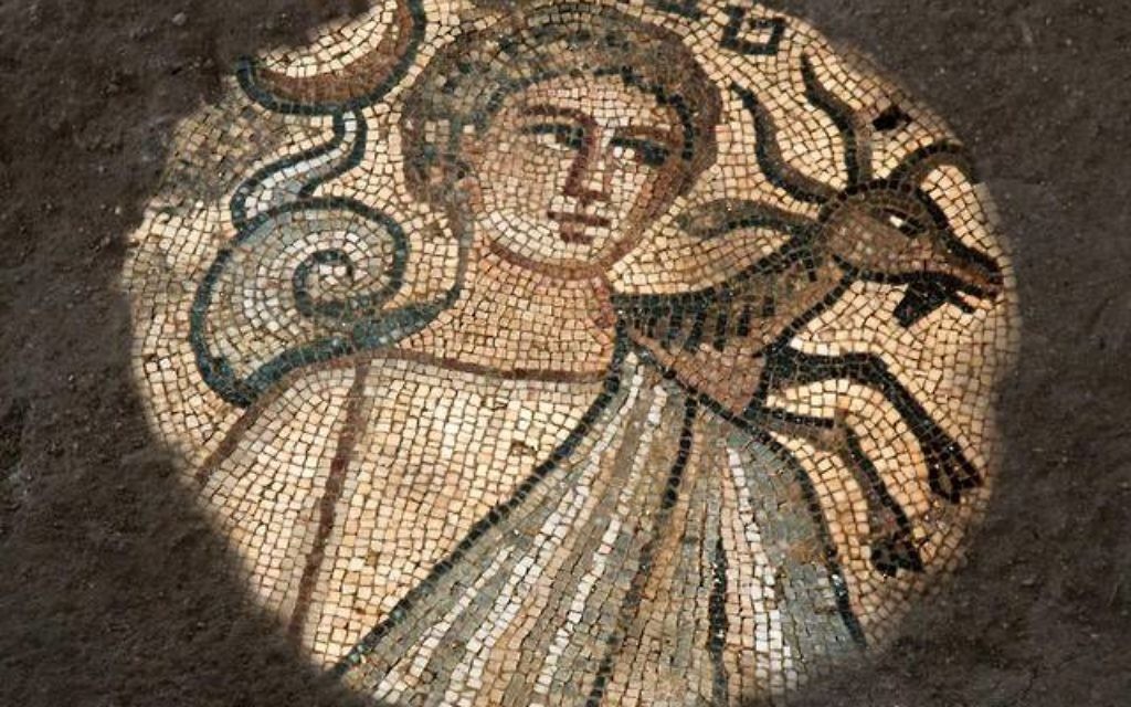 Pictured is the Huqoq synagogue mosaic depicting the month of Teveth (December-January) with the sign of Capricorn. (Jim Haberman UNC Media Relations)