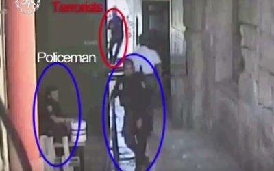 Screenshot from CCTV footage released by police on Friday, July 14, 2017, showing the initial moments of the shooting attack at the Temple Mount which killed two Israeli police officers. (Israel Police)