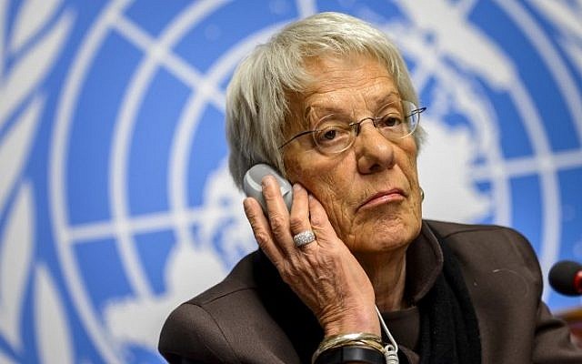 Member of the United Nations Commission of Inquiry on Syria, Carla del Ponte, attending a press conference in Geneva, March 17, 2015. (AFP Photo/ Fabrice Coffrini/File)