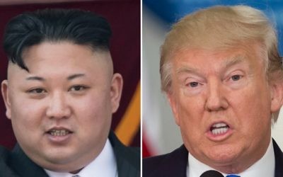 This combo of file photos shows an image (L) taken on April 15, 2017 of North Korean leader Kim Jong-Un on a balcony of the Grand People's Study House following a military parade in Pyongyang. The image on the right taken on July 19, 2017 shows US President Donald Trump speaking during the first meeting of the Presidential Advisory Commission on Election Integrity in Washington, DC. (AFP/Saul Loeb and Ed Jones)