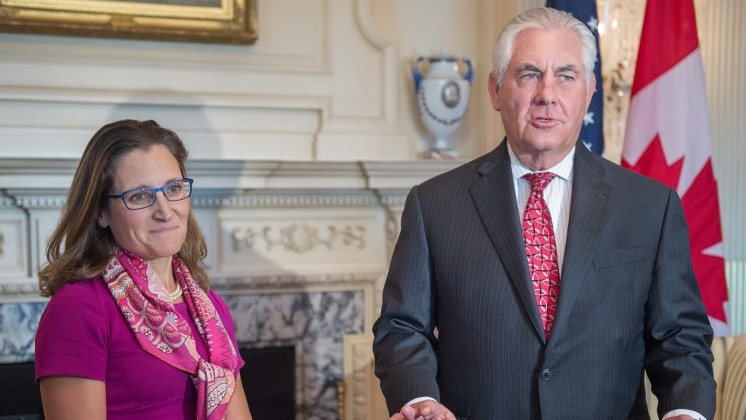 Canadian Minister of Foreign Affairs Chrystia Freeland (L) listens as US Secretary of State Rex Tillerson talks about Charolettsville violence during a private meeting at the US Department of State in Washington, DC on August 16, 2017. (AFP Photo/Paul J. Richards)