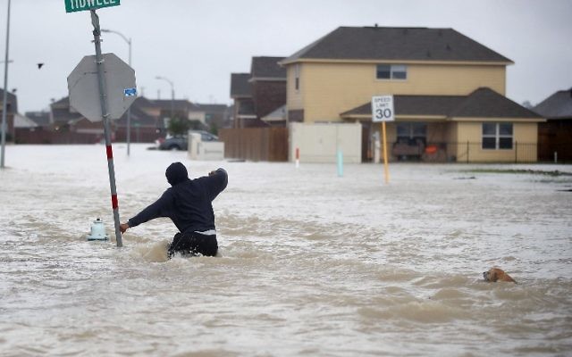 A person walks through a flooded street with a dog after the area was inundated with flooding from Hurricane Harvey on August 28, 2017 in Houston, Texas. (Joe Raedle/Getty Images/AFP)