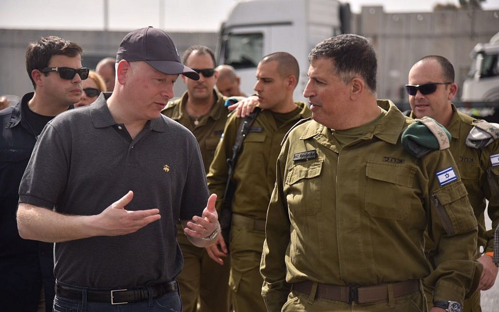 US President Donald Trump's peace envoy Jason Greenblatt (L) tours the area around the Gaza Strip with Coordinator for Government Activities in the Territories Yoav 'Poly' Mordechai on August 30, 2017. (COGAT Spokesperson's Office)