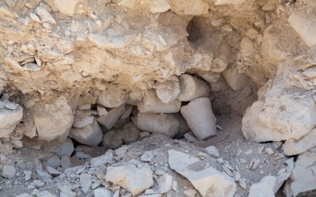 An in situ image of stone vessels unearthed inside the ancient workshop at the stone quarry and tool production center excavations at Reina, a few kilometers from Nazareth, in Lower Galilee. (Samuel Magal/IAA)