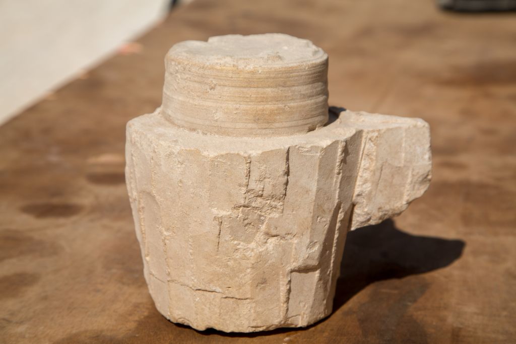 Stone vessels unearthed inside the ancient workshop at the stone quarry and tool production center excavations at Reina in Lower Galilee. (Samuel Magal/IAA) 