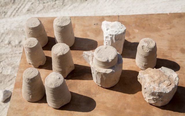 Stone vessels unearthed inside the ancient workshop at the stone quarry and tool production center excavations at Reina in Lower Galilee. (Samuel Magal/IAA)