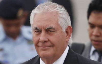 US Secretary of State Rex Tillerson arrives at a military base in Subang, Malaysia, Tuesday, Aug. 8, 2017. (AP Photo/Vincent Thian)