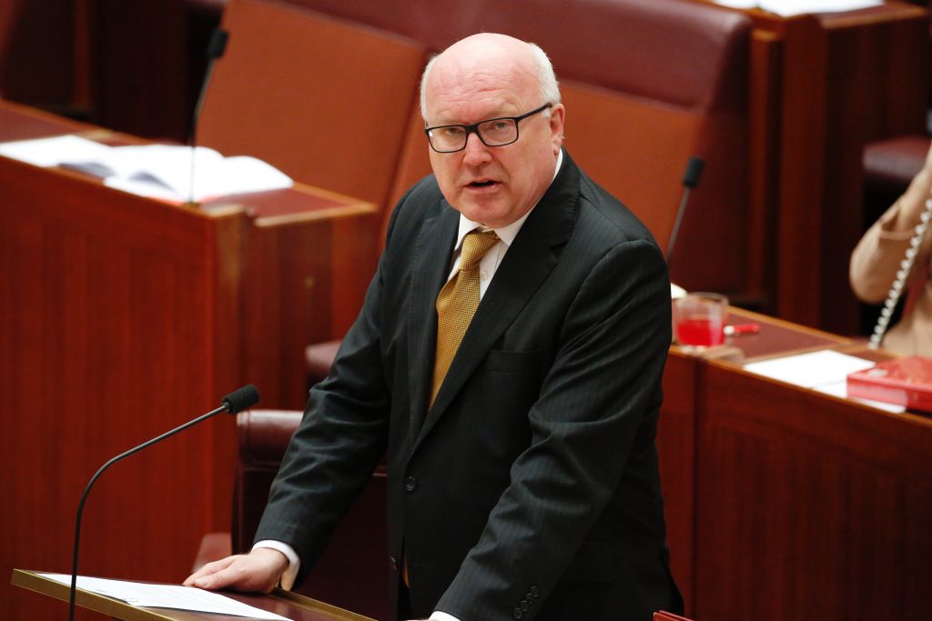 Attorney-General George Brandis stands to chastise an Australian senator who provoked an angry backlash from lawmakers by wearing a burqa in Parliament House in Canberra, Australia, Thursday, Aug. 17, 2017. .(Jed Cooper/Australian Broadcasting Corp. via AP)