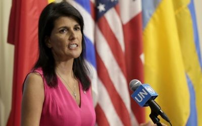 United States Ambassador to the United Nations Nikki Haley speaks to reporters at UN headquarters, Friday, Aug. 25, 2017. (AP Photo/Seth Wenig)