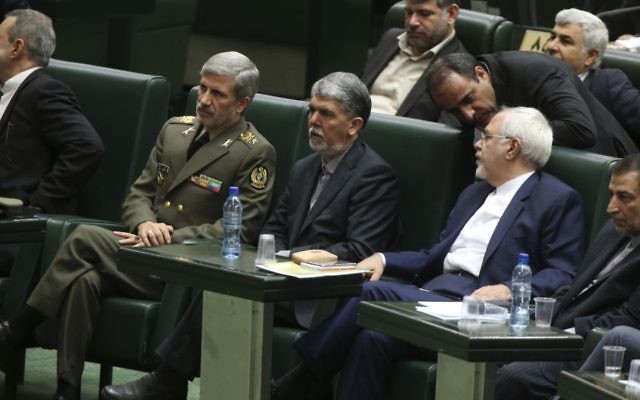 Several of Iranian President Hassan Rouahnis cabinet picks sit in a session of parliament to debate the new appointees, in Tehran, Iran, Tuesday, August 15, 2017. (AP Photo/Vahid Salemi)