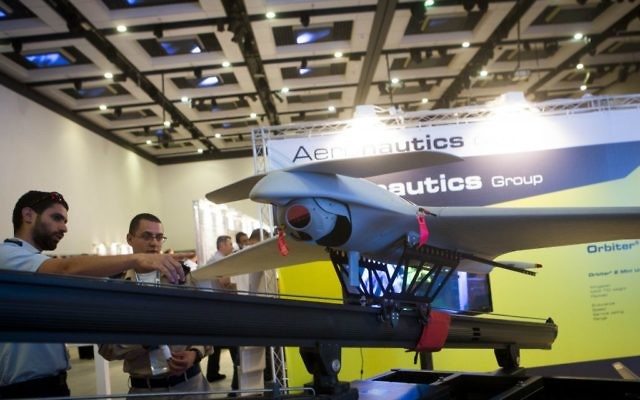 An ORBITER 3 small tactical UAS (Unmanned Aerial System) model on display at the UVID 2014 Conference, at Airport city, Israel on September 17, 2014. (Illustrative photo: Miriam Alster/Flash90)