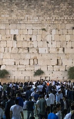 Jewish men pray at the Western Wall in the Old City of Jerusalem, on July 31, 2017 to mark the beginning of Tisha B'av. (Yonatan Sindel/Flash90)
