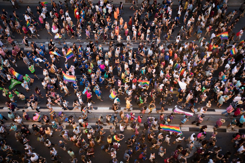People participate in the annual Gay Pride parade in central Jerusalem, under heavy security on August 3, 2017. (Nati Shohat/Flash90)