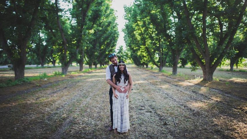An Israeli couple poses at their wedding in the northern Israeli forest, May 29, 2017. (Yoav Alon/JTA)