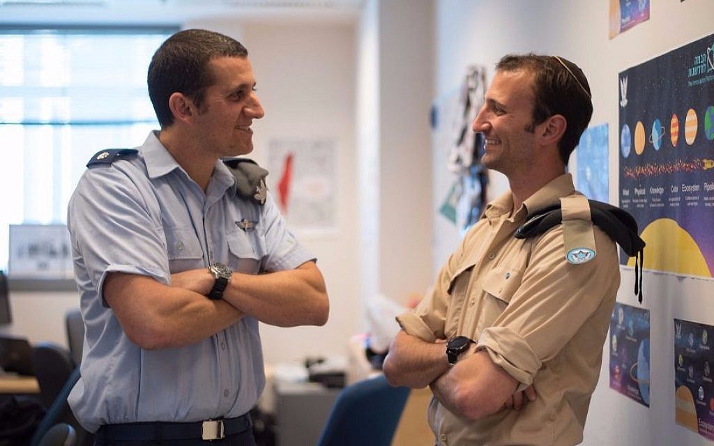 Sergeant Ilan Regenbaum, right, and his commander Maj. Omer Yuval of the Israeli Air Force Innovation Unit (IDF Spokesperson Office)