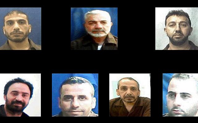 Clockwise from top left, Majd Jaaba, Muhammad Maher Bader, Haron Nasser al-Din, Muasseb Hashalmon, Taha Uthman, Yusri Hashalmon, Umar Qimri, identified by the Shin Bet security service as the leaders of a Hamas operation to illegally bring money into Hebron. (Shin Bet)