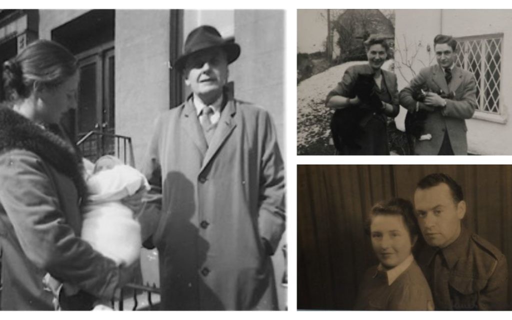 Clockwise, from left: Hubert Butler with daughter Julia in 1960; two couples Butler helped save from the Nazis. (Courtesy)