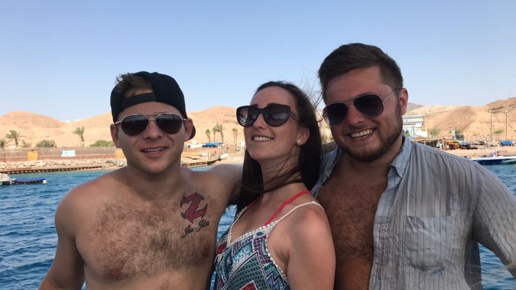 Actor Jonathan Lipnicki with friends at the Dead Sea during his Birthright trip on August 1, 2017. (courtesy Jonathan Lipnicki)