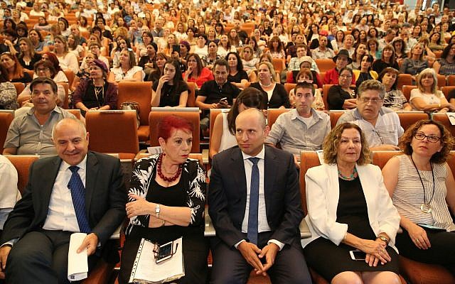 Education Minister Naftali Bennett at a conference of school principals in southern Israel ahead of the school year. August 2017 (Yossi Zamir/courtesy)