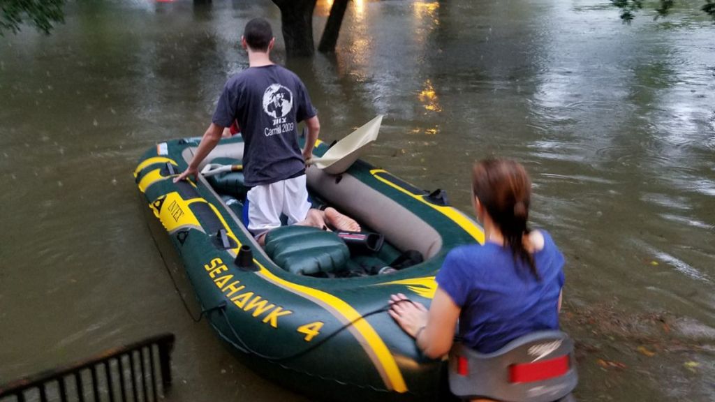 B'nai Akiva emissary Rafi Engelhart sets out with a neighbor who is an EMT to rescue stranded Houstonians from Tropical Storm Harvey, August 27. (Courtesy)