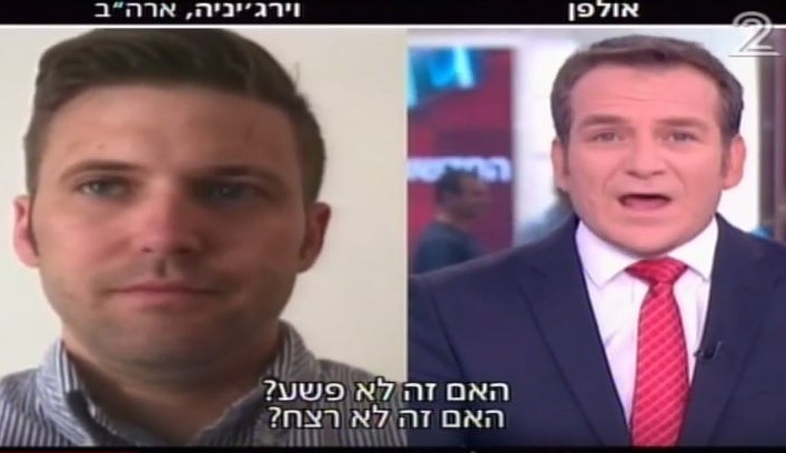 Alt-right leader Richard Spencer (L) is interviewed by Channel 2 anchor Dany Cushmaro on August 16, 2017. (Screen capture/YouTube)