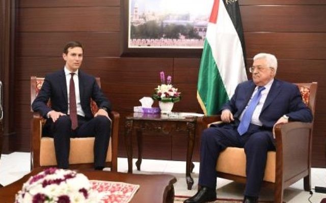 Senior White House adviser Jared Kushner, left, meets with Palestinian Authority President Mahmoud Abbas in Ramallah on August 24, 2017. (courtesy, WAFA)