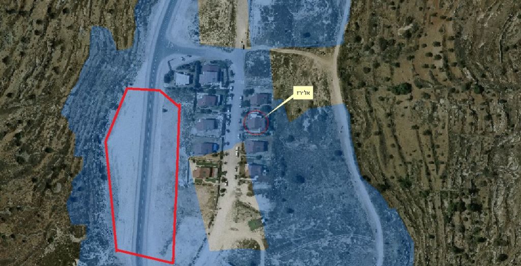 An aerial photo of the Hayovel outpost. The blue-shaded areas were declared state-land by the Civil Administration in 2011, though the homes built there still have not been fully authorized. The area in red is the approximate location of the construction site. Defense Ministry adviser Kobi Eliraz lives in the home marked by the yellow box. (Courtesy: Dror Etkes)