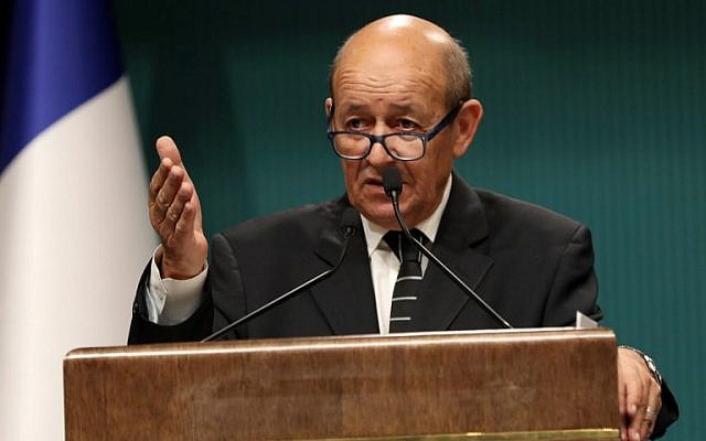 French Foreign Minister Jean-Yves Le Drian speaks at a joint press conference with the Turkish foreign minister (not pictured) following a meeting at the Presidential Complex in the Turkish capital Ankara on September 14, 2017. (AFP Photo/Adem Altan)