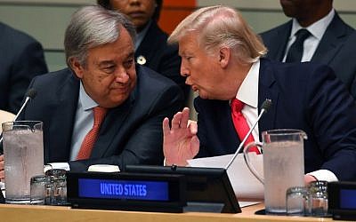 US President Donald Trump and UN Secretary-General Antonio Guterres speak during a meeting on United Nations reform at the UN headquarters in New York, September 18, 2017. (AFP Photo/Timothy A. Clary)