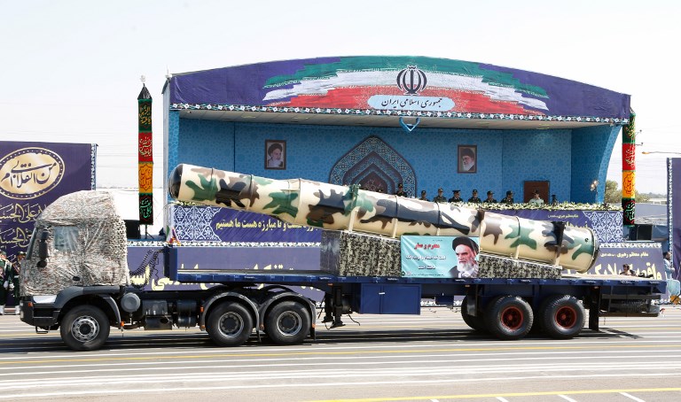 An Iranian Russian-made s-300 missile is displayed during the annual military parade marking the anniversary of the outbreak of its devastating 1980-1988 war with Saddam Hussein's Iraq on September 22,2017 in Tehran