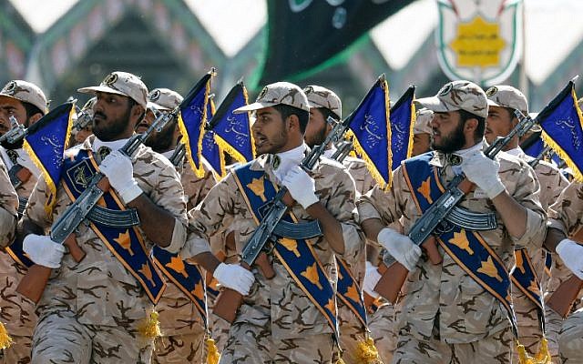 Illustrative: Iranian soldiers march during the annual military parade marking the anniversary of the outbreak of its devastating 1980-1988 war with Saddam Hussein's Iraq, on September 22, 2017 in Tehran. (AFP/ str)