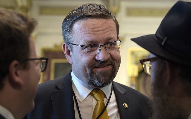 In this Tuesday, May 2, 2017, file photo, then deputy assistant to US President Donald Trump Sebastian Gorka is seen at the White House during a ceremony commemorating Israel's Independence Day. (AP Photo/Susan Walsh, File)