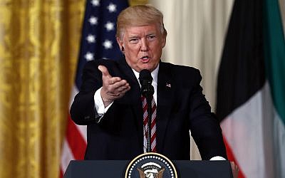 US President Donald Trump speaks during a news conference with Kuwait leader Sheikh Sabah Al Ahmad Al Sabah in the White House in Washington, September 7, 2017. (AP Photo/Carolyn Kaster)