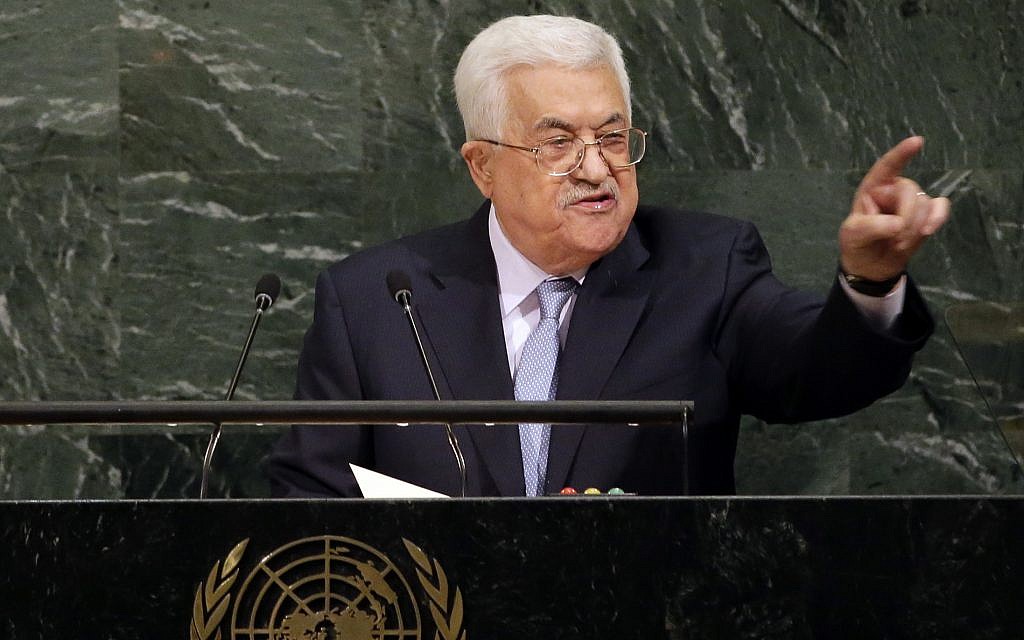 Palestinian Authority President Mahmoud Abbas speaks during the United Nations General Assembly at UN headquarters, September 20, 2017. (AP/Seth Wenig)