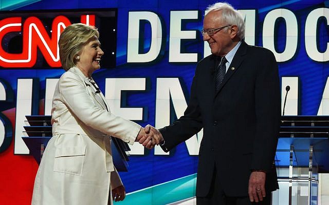 Hillary Clinton and Bernie Sanders at the CNN Presidential Debate at the Brooklyn Navy Yard in New York, April 14, 2016. (Jewel Samad/AFP/Getty Images)