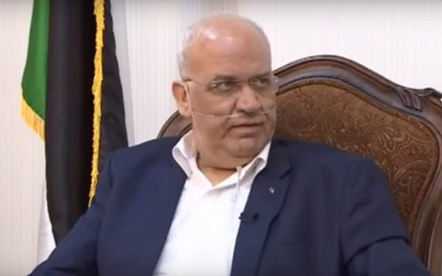 Screen capture from video of secretary General of the PLO Executive Committee and senior Palestinian negotiator in peace talks with Israel, Saeb Erekat, during an interview with Palestinian television in which he revealed he is waiting for a lung transplant. (YouTube/Pal TV)