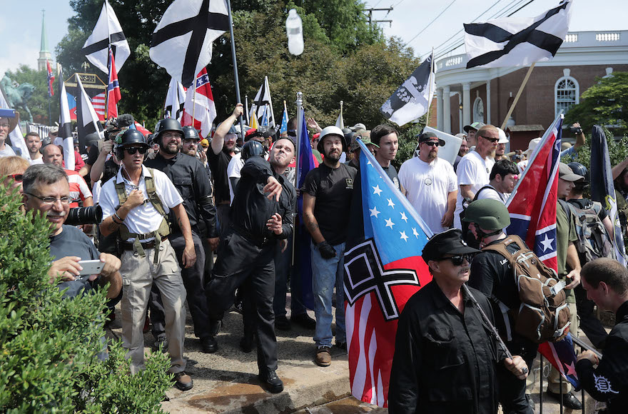 Hundreds of white supremacists and far-rightists on the outskirts of Emancipation Park during the Unite the Right rally in Charlottesville, Virginia, August 12, 2017. (Chip Somodevilla/Getty Images/JTA)
