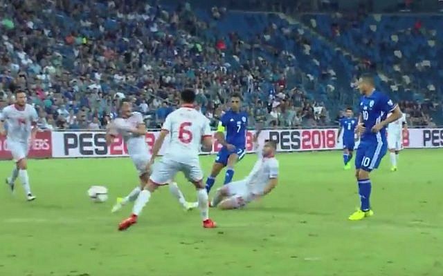 Israel's soccer team playing against Macedonia in a World Cup qualifier in Haifa on September 2. 2017. (Screen capture: Kan broadcasting)