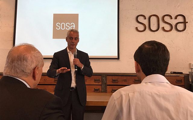 Chicago Mayor Rahm Emanuel speaks at SOSA in Tel Aviv about how Chicago and Israel can join forces on technology, September 11, 2017. (Shoshanna Solomon/Times of Israel)