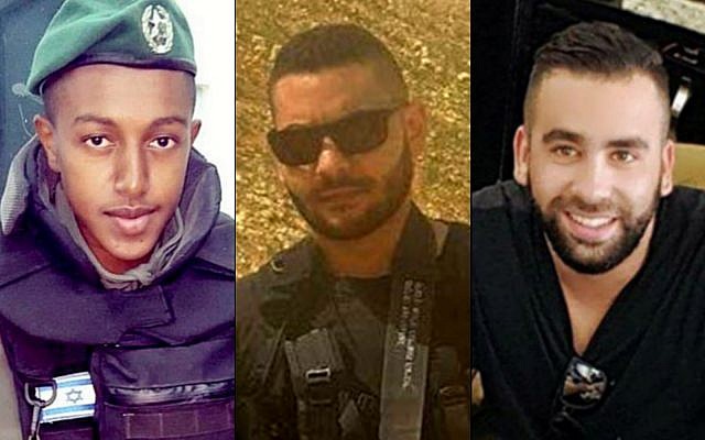 From left to right: Solomon Gavriyah, Youssef Ottman and Or Arish, three Israelis killed in a terror attack outside the settlement of Har Adar on September 26, 2017 (Courtesy)