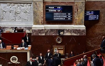 A board shows the results of the vote after French lawmakers voted a new counter-terrorism law designed to end the country's two-year state of emergency, which critics say expands police powers at a cost to civil liberties. (AFP PHOTO/CHRISTOPHE ARCHAMBAULT)