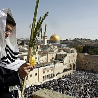 A Jewish worshiper holds the four plant species as he attends the annual priestly blessing during the Sukkot holiday at the Western Wall in the Old City of Jerusalem on October 8, 2017. (AFP Photo/Menahem Kahana)