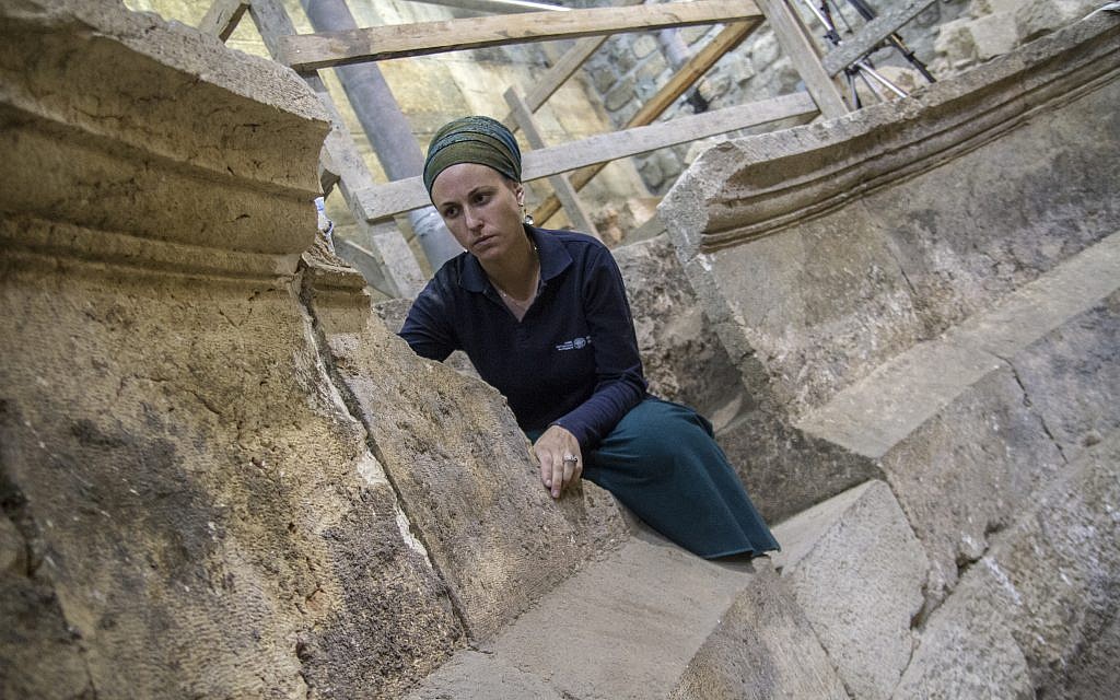 Israel Antiquities Authority archaeologist Tehila Lieberman at the theater structure in Jerusalem's Western Wall tunnels.
(Yaniv Berman, courtesy of the Israel Antiquities Authority)