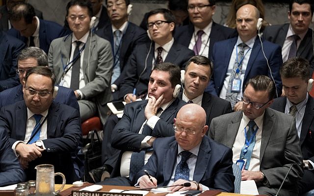 Russian Ambassador to the United Nations Vassily Nebenzia, center, listens during a  Security Council meeting on non-proliferation of weapons of mass destruction during the UN General Assembly, September 21, 2017, at UN headquarters. (AP/Craig Ruttle)